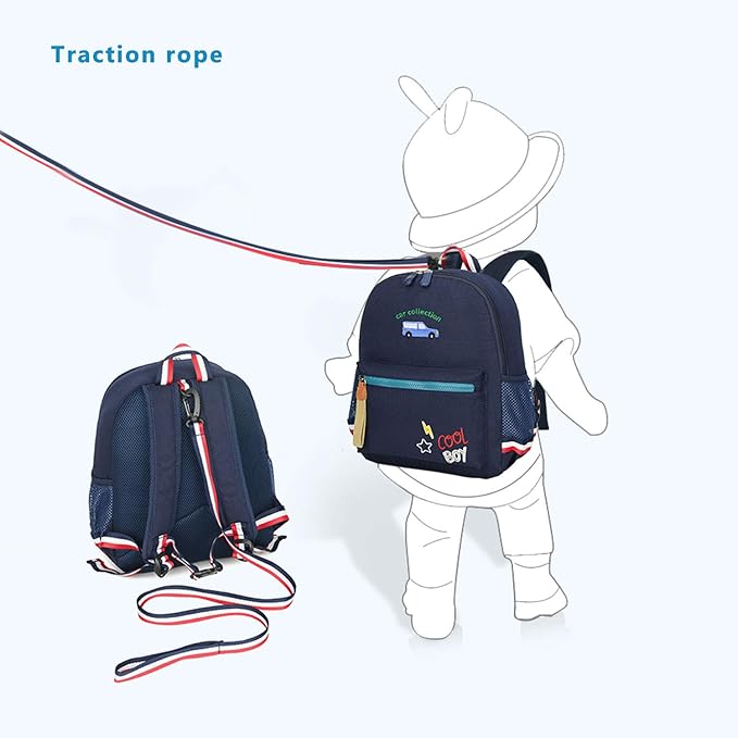 willikiva Cartoon Bus 12 Kindergarten Backpack for Kids Girls and Boys,Waterproof Preschool Toddler Backpack Wiht Leash and Safety Harness(Deep Blue)
