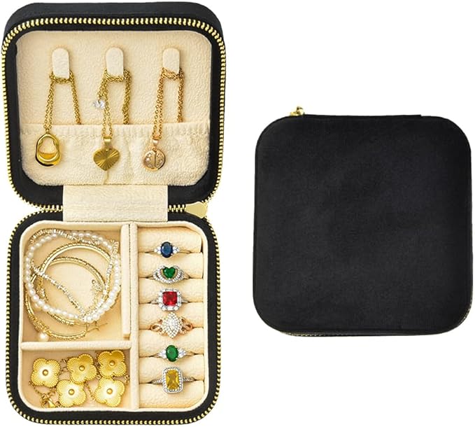 Travel Jewelry Case, Small Plush Velvet Jewelry Box for Women and Girls, Portable Jewelry holder organizer for Rings Earrings Necklaces Bracelets(Black)