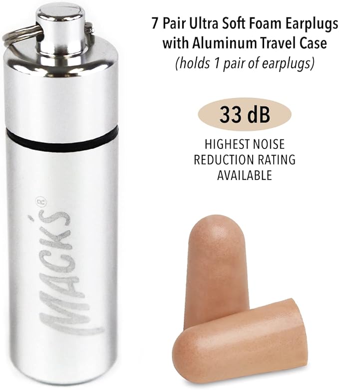 Mack’s Ultra Soft Foam Earplugs, 7 Pair + Case – 33 dB Highest NRR, Comfortable Ear Plugs for Sleeping, Snoring, Travel, Concerts, Studying and Noise