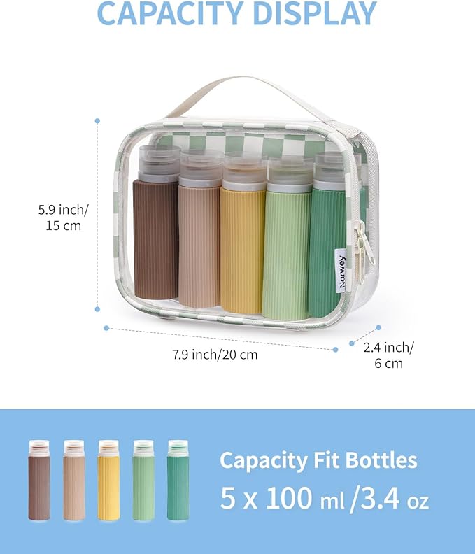 Narwey TSA Approved Clear Toiletry Bag for Travel, Waterproof PVC Clear Makeup Bags, Portable Compact Cosmetic Bag Make Up Organizer, Airport Airline Quart Size Compliant Bag (Mint Green Checkerboard)