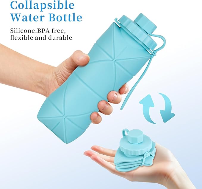 YCT Collapsible Silicone Travel Water Bottle 20oz (600ml), Reuseable Leakproof BPA Free Foldable Sports Bottle, with Carrying Strap, Light Gray + Purple