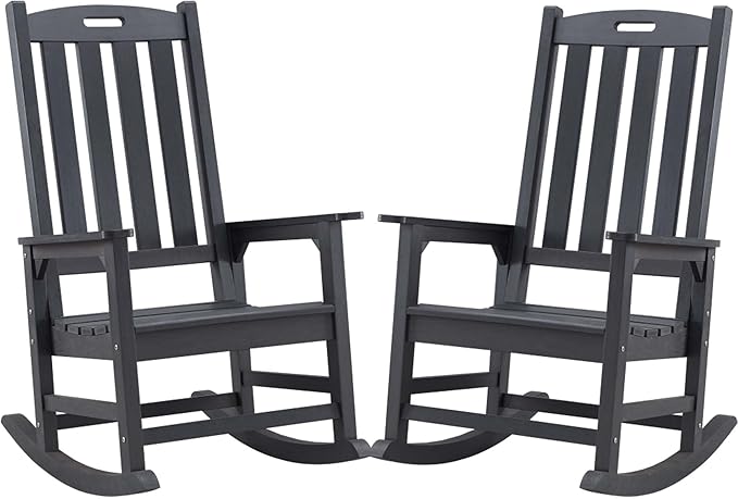 Psilvam Oversized Outdoor Rocking Chair Set of 2, Porch Rocker with 21" Wide Seat and 32" Tall Backrest, Pre-Assembled with Most Components for Effortless Installation (Carbon Black)