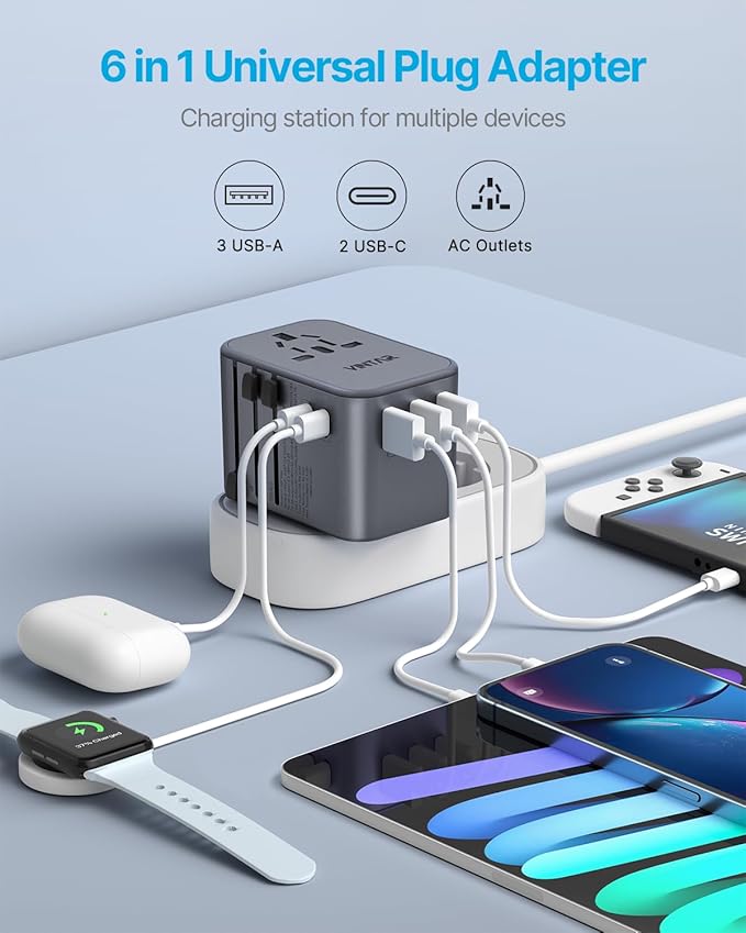 Universal Travel Adapter, VINTAR 35.5W International Power Adapter with 3 USB A QC and 2 USB C PD, All in One Plug Adapter Worldwide Travel Essentials for EU/UK/USA/AUS(Type C/G/A/I), Silver