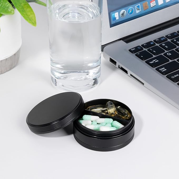2 Compartment Metal Pill Box - Waterproof Aluminium Travel Pill Case Daily Purse Pocket Medicine Container, Portable Pill Organizer Holder for Medication, Vitamins, Fish Oils