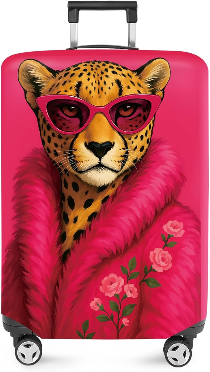 ANNA QUEEN Fashionable Leopard Luggage Cover, Leopard in Pink Coat and Sunglasses, Stretchable, Washable Travel Sleeve for 24-26 Inch Luggage