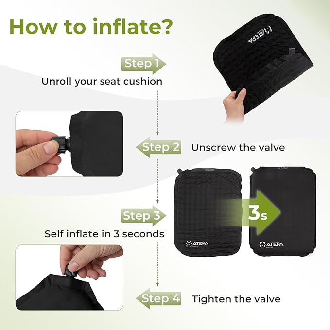 ATEPA Inflatable Stadium Seat Cushion, Self-Inflating Memory Foam Stadium Seats Bleacher Seat Chair Cushion Pad for Airplane Travel Backpacking Sports Events