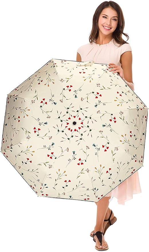 Cuby UV Sun Umbrella Compact Folding Travel Umbrella Auto Open and Close for Windproof, Rainproof & 99.9% UV Protection Parasol with Black Anti-UV Coating (Flowers)