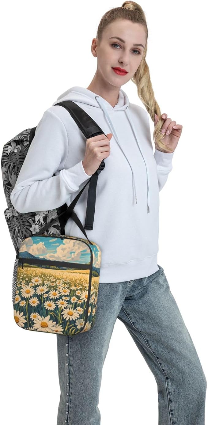 Daisy Flower Lunch Box for Kids Aldults, Nature Floral Reusable Thermal Insulation Cooler Tote Bags, Meadow Wildflower Field Insulated Bag for Student, School Picnic Camping Travel, Gifts