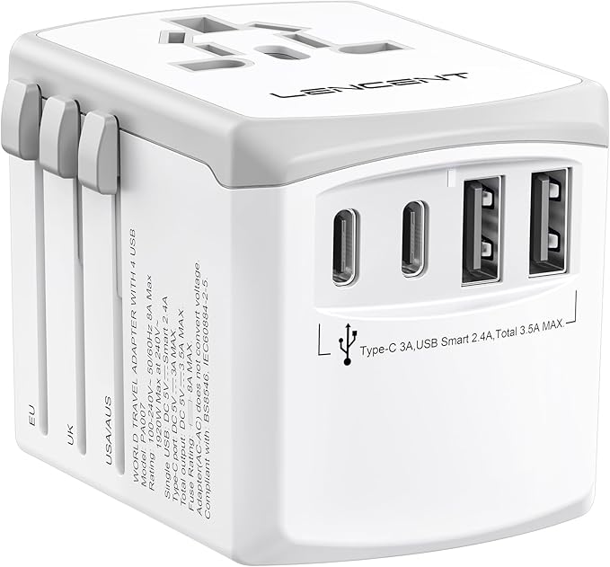 LENCENT Universal Travel Power Adapter, International AC Plug Adaptor with 2 USB C 2 USB A Ports Wall Charger Worldwide Travel Essentials for US to EU UK Ireland Australia (Type C/G/A/I), White