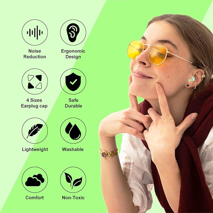 Ear Plugs for Sleeping Reusable Earplugs for Concerts Noise Cancelling Soft Silicone Noise Reduction Earbuds for Travel, Focus, Work 33-45dB Hearing Protection with 9 Ear Tips & Case (Green)