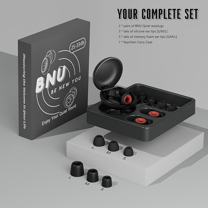 Concert Ear Plugs, 2 Pair BNU High Fidelity Noise Cancelling Earplugs Hearing Protection for Musicians,Festivals,Raves Sleep, 25-33db Noise Reduction 6 Pair Reusable Foam＆Silicon Tips in S/M/L Black