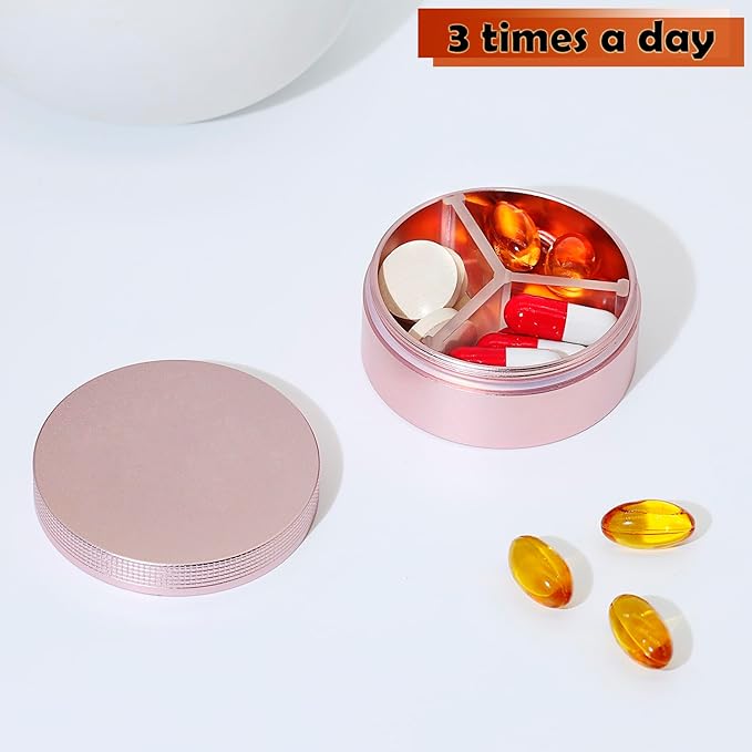 Small Pill Case 3 Compartments, Metal Round Portable Pill Box, Waterproof Travel Pill Organizer, Pocket Purse Medicine Vitamin Holder EDC Container (Rose Gold)
