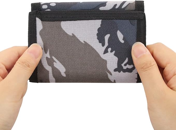 NEICY RFID Blocking Canvas Wallet for Men and Women - Camo Trifold Outdoor Sports Wallets with Magic Sticker for Teen Kids (Camo Grey)