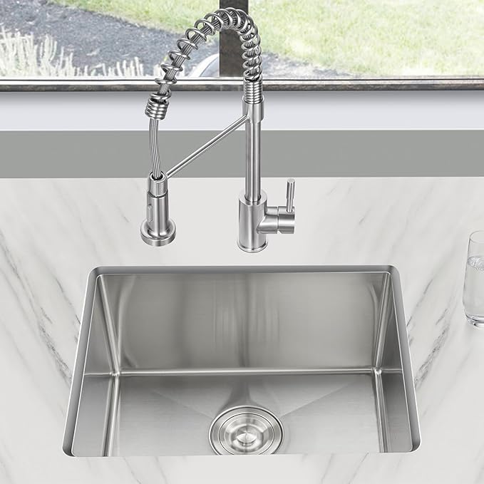 24 inch Undermount Kitchen Sink, 24 x 18 inch Single Bowl Stainless Steel Handmade Undermount Kitchen Sink with Sink Strainer, Brushed