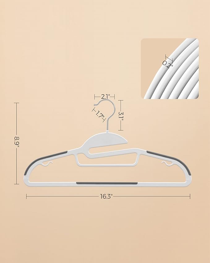 SONGMICS 50 Pack Coat Hangers, Heavy-Duty Plastic Suit Hangers, S-Shaped Opening, Space-Saving, 360º Swivel Hook, 16.3 Inches Wide, Cloud White and Dark Gray UCRP041WG03