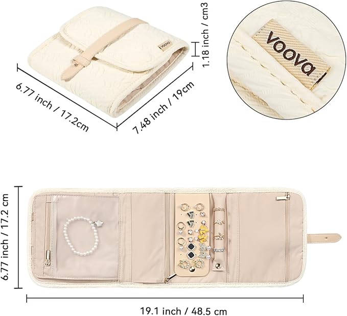 Voova Travel Jewelry Holder Organizer Case, Small Jewelry Storage Bag for Women Girls, Foldable Traveling Jewellery Pouch Roll for Necklaces Rings Earrings Bracelets, Mini, Apricot