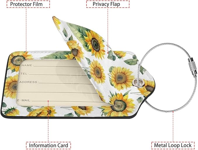 Watercolor Floral Sunflowers 2-Pack Luggage Tags for Suitcases,Leather Baggage Tag with Loop, Tags Private Name ID Labels for Women Girl Men Boys Travel Baggage Suitcase