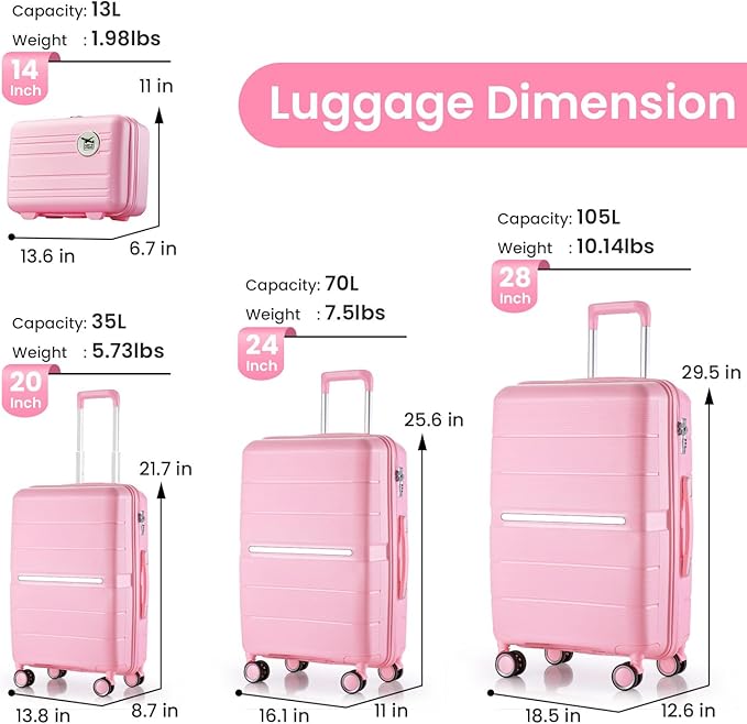 Campfun Luggage 4 Piece Sets, Expandable Carry On Luggage Set Hardshell PP, Suitcase Set with Double Spinner Wheels, Checked Durable Lightweight with TSA Lock, 14in 20in 24in 28in-Pink(A)
