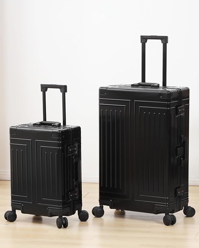 All Aluminum Magnesium 20/28 Luggage set ，Cut from Whole Aluminum Sheet，22x14x9 Airline Approved ，（3rd Generation，Premium Magnesium Metal zipperless suitcase ） (black, 20+28inch)