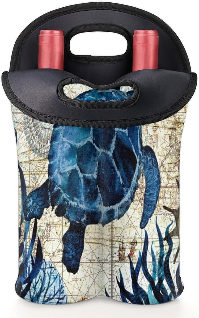 Vintage Sea Turtle 2 Bottle Wine Carrier Tote Bag Insulated Neoprene Portable Wine Cooler for Travel Picnic Beach