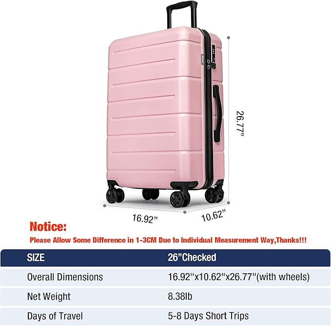 KYME 26 Inch Luggage TSA Approved Hardshell 26" Suitcases with Spinner Wheels Durable Medium Travel Checked Luggage with Cup Holder for Women Men Pink