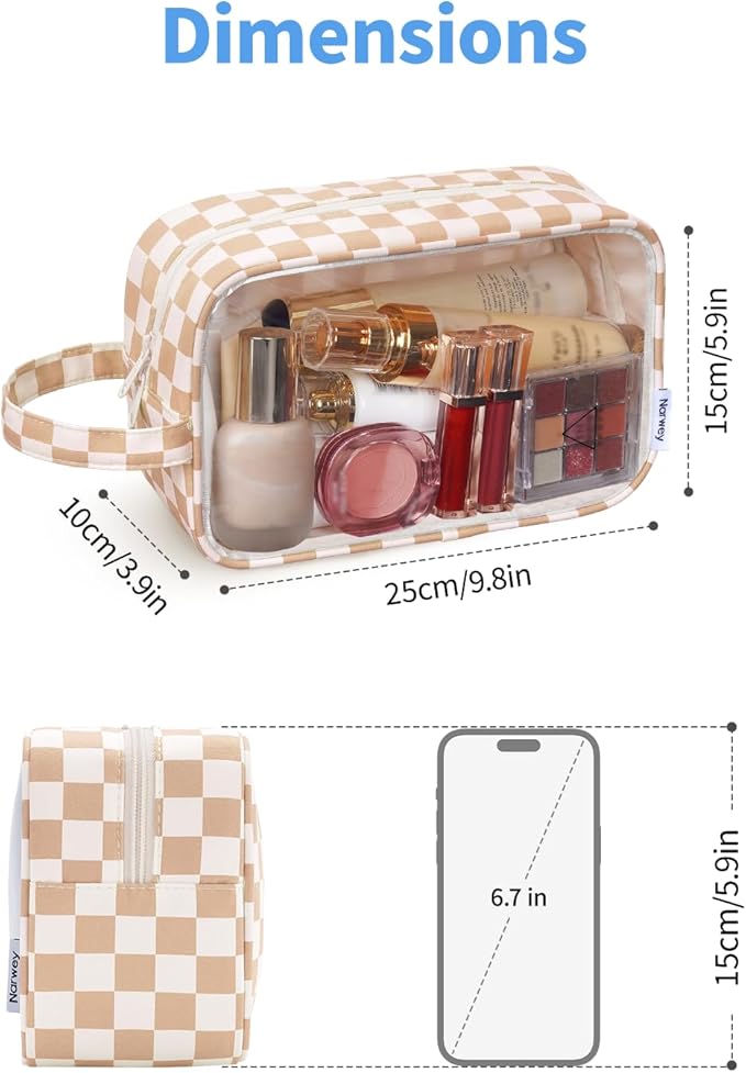 Narwey Clear Toiletry Bags for Traveling Women Men, Clear Travel Bags for Toiletries Makeup Bag Cosmetic Bag with Zipper, Make Up Organizer, Skincare Bag (Light Checkerboard)