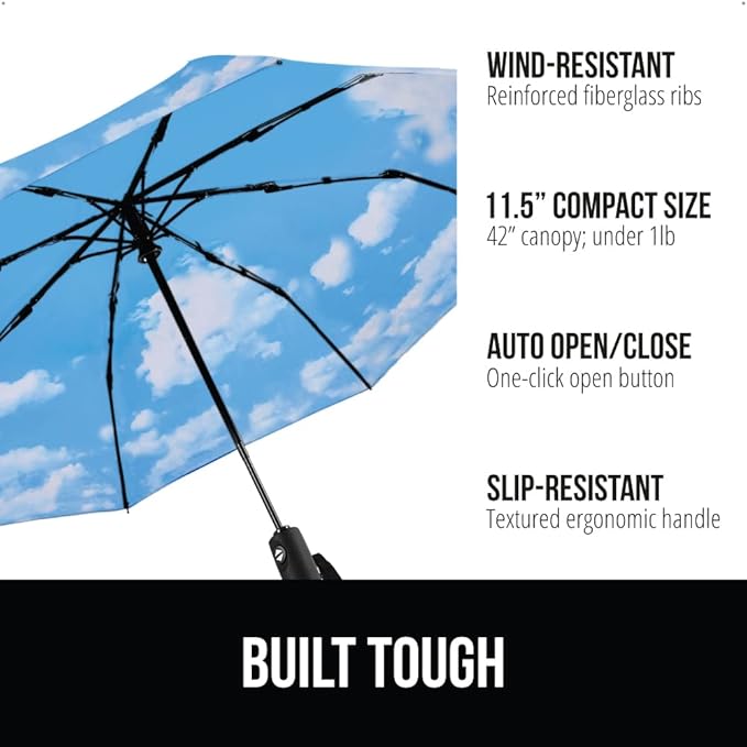 GORILLA GRIP Strong Stick Umbrella for Rain, Compact Travel One-Click Automatic Open Close, Lightweight, Portable, US Designed Reinforced Fiberglass Ribs, Wind Resistant, Easy Collapse, Sky Blue