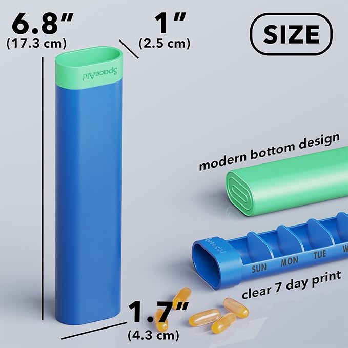 SpaceAid 2 Pack Pill Organizer Box 7 Day, Weekly Travel Pill Case Holder, 2 Times a Day AM PM Daily Pocket Pharmacy Dispenser Container for Pills, Vitamins and Medicine (Blue, Green)