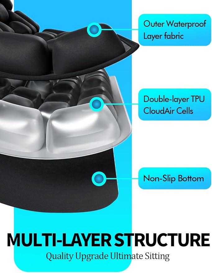 Travel Cushion Airplane Seat,Inflatable Air Bubble Design with Storage Bag for Car/Office/Kitchen Chairs.42 Air Cells, Adjustable Firmness, Non-Slip Bottom