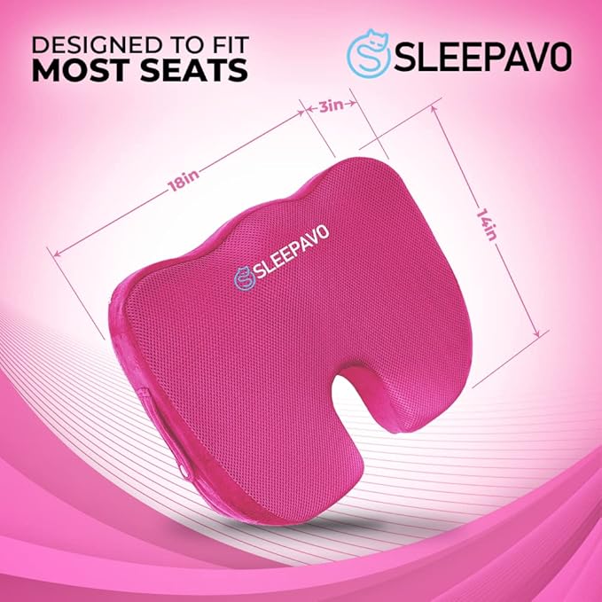 Sleepavo Office Chair Cushion - Seat Cushion for Tailbone Pain Relief - Butt Pillow for Coccyx, Sciatica, and Lower Back Pain - Orthopedic Chair Pad for Lumbar Support in Office Desk (Pink)