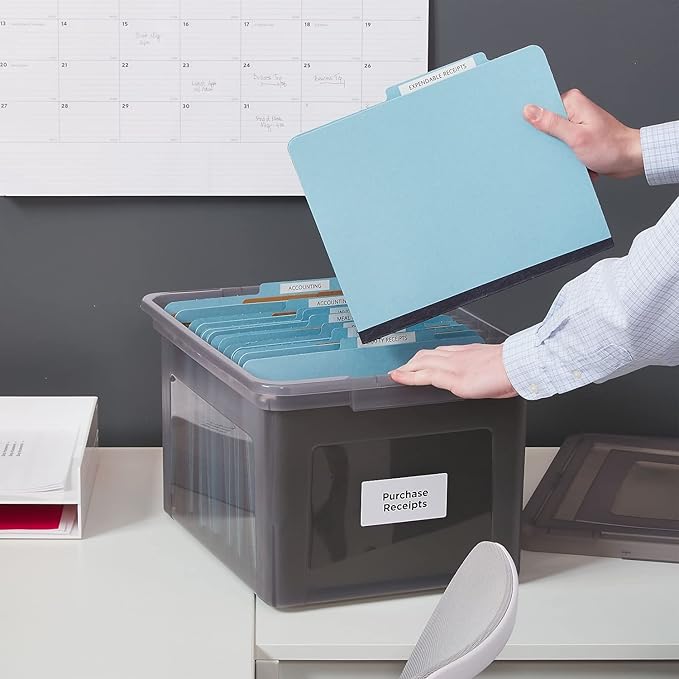 STAPLES Hanging File Folder Box, Storage Bin Organizer, Snap Lid, Letter & Legal Size Documents, Frost Gray