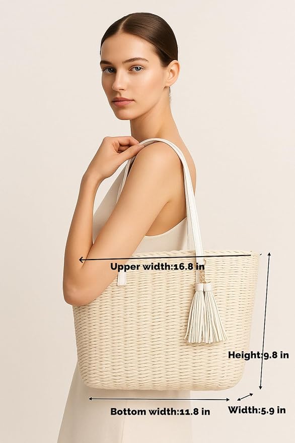 YXILEE Straw Bags For Women | M Size Travel Straw Totes Bag Woven Summer Handmade Shoulder Bag Handbag