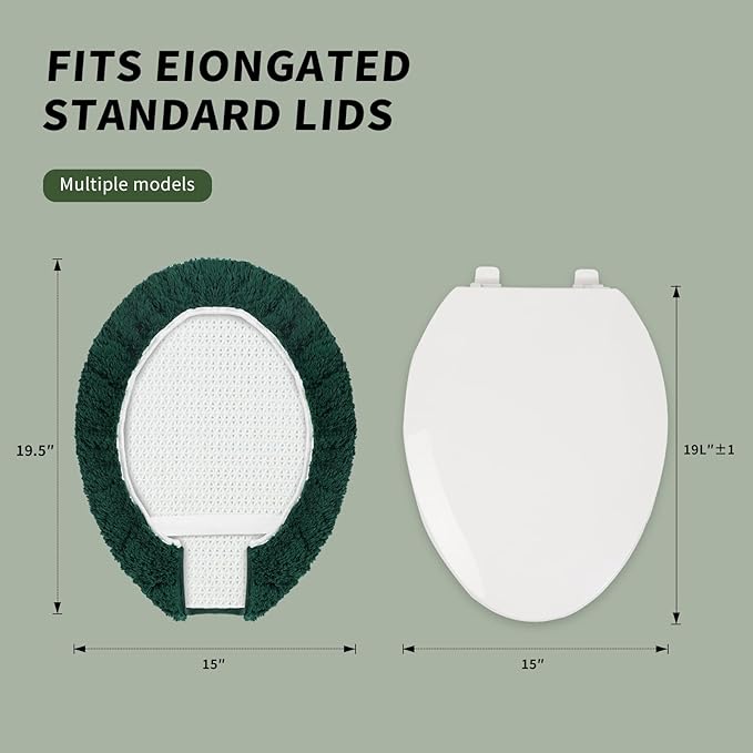 Microfiber Elongated Toilet Seat Cover 19.5"x 15" Machine Washable Solid Toilet Lid Cover Adjustable Rubber Backing Fits Most 18-19.5" L x 14-16" W Elongated Toilet Seat
