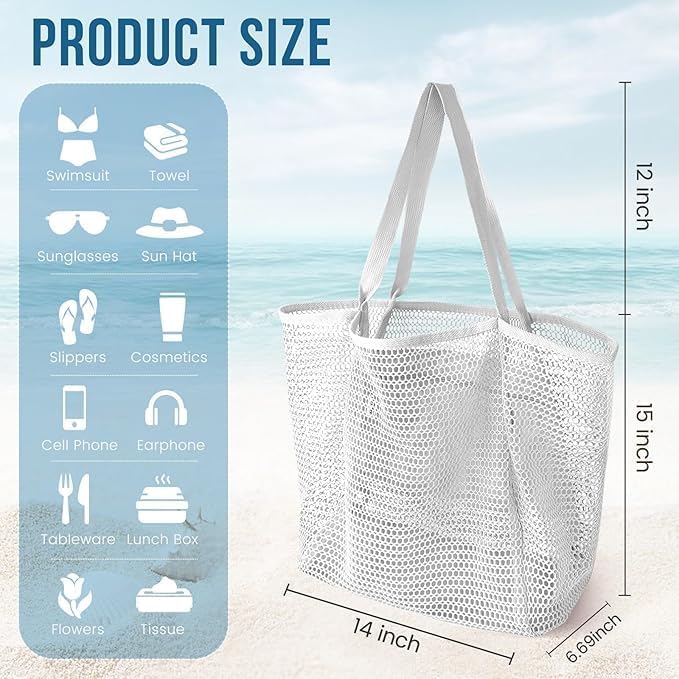 Beach Bags for Women, Foldable Mesh Tote Bag with Mini Pocke, Womens Shoulder Handbag for Travel Beach, White, Large, White