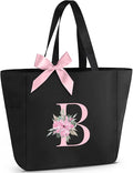 Vavabox Tote Bag, A-Z Initial Monogrammed Waterproof Tote Bag, Bridesmaid Gifts for Women, Black and Pink