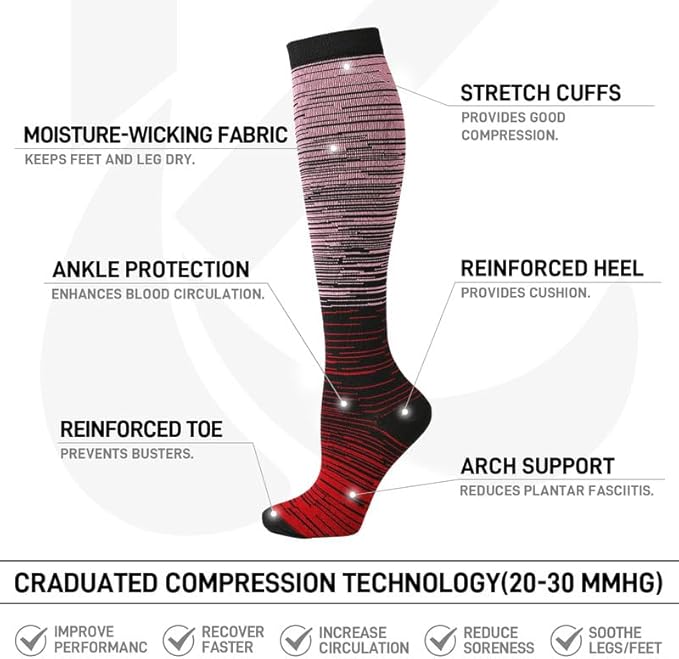 Kickticks 4 Pairs Compression Socks for Woman & Man Unisex 20-30mmHg Knee high Plus Size Wide Calves for Flying Running…