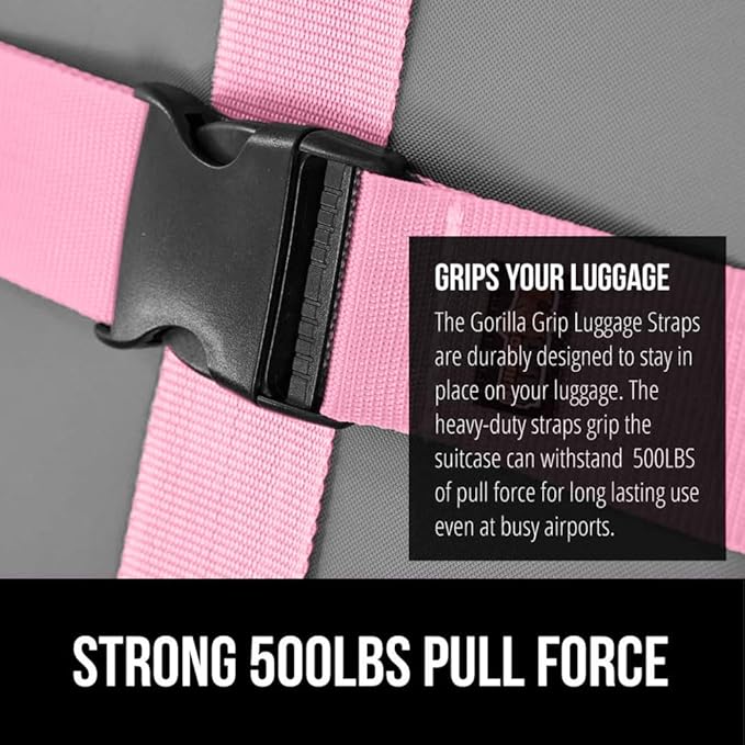 GORILLA GRIP Heavy Duty Adjustable Luggage Straps for Suitcases, Easy to Identify Travel Belt Connector Holds Suitcase Together, Extends Life of Bag, Strap Connects Two Bags, Accessories 2 Pack Pink