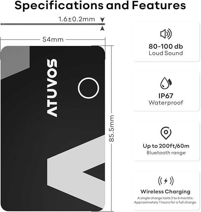 [2025 Apple MFi Certified] ATUVOS Rechargeable Wallet Tracker Card, Ultra Slim 1.6mm Wallet Card Tracker Tag Works with Apple Find My (iOS Only), Item Locator for Luggage Tags, IP67 Waterproof, 2 Pack