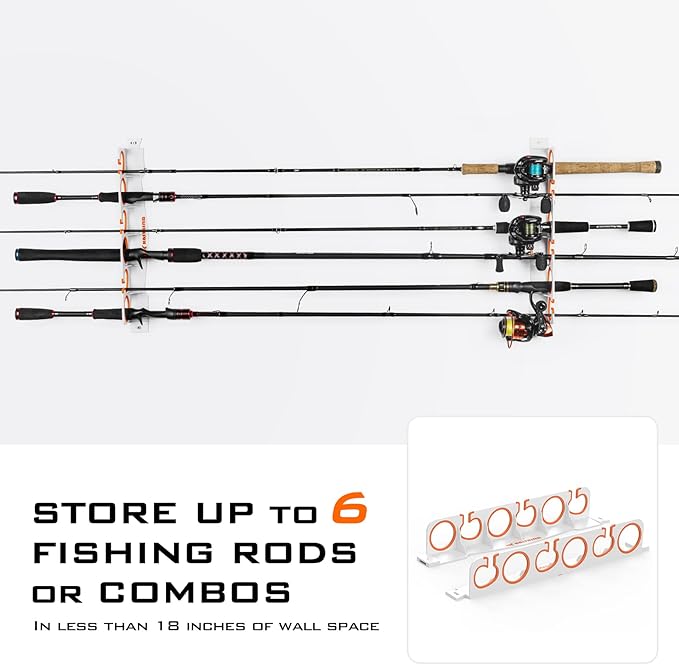 KastKing SafeGuard Fishing Rod Holder for Garage, Wall or Ceiling Mounted Fishing Rod Rack Storage Organizer, Fishing Pole Holder Holds 6 Rods or Combos in Less Than 18 Inches