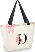 Vavabox Tote Bag, A-Z Initial Monogrammed Waterproof Tote Bag, Bridesmaid Gifts for Women, Black and Pink