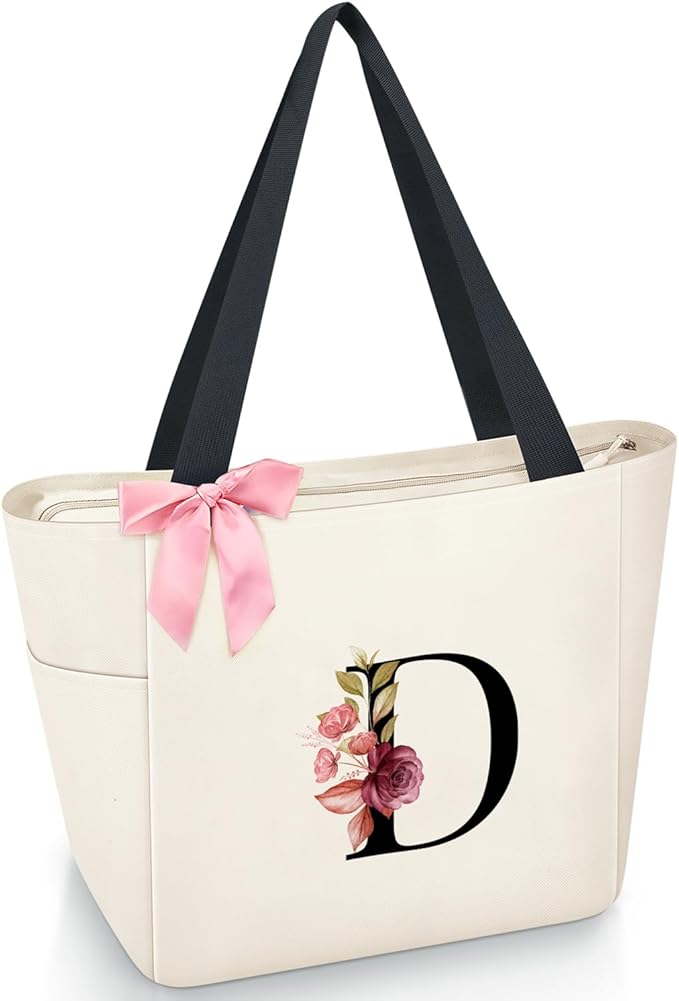 Vavabox Tote Bag, A-Z Initial Monogrammed Waterproof Tote Bag, Bridesmaid Gifts for Women, Black and Pink