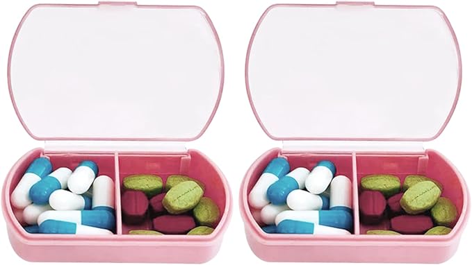 2PCS Small Pill Case Travel Pill Box Cute Pill Organizer for Purse Portable Daily Medicine Organizer 2 Compartment Pill Holder for Vitamins, Fish Oil, Supplements