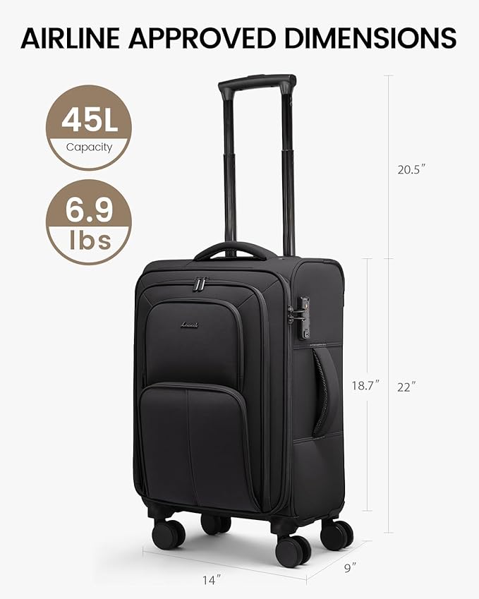 LOVEVOOK Carry On Luggage 22x14x9 Airline Approved, 22 Inch Softside Suitcases with Spinner Wheels, Lightweight Carry-on Suitcase with TSA Lock for Women Men, Large Luggage for Travel Business Trip