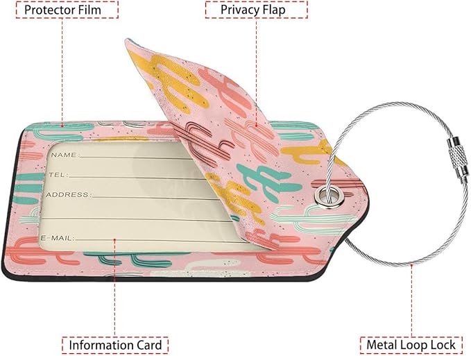 Multicolored Cactus 2 Pcs Luggage Tags,Privacy Cover ID Label with Stainless Steel Loop and Address Card for Travel Bag Suitcase