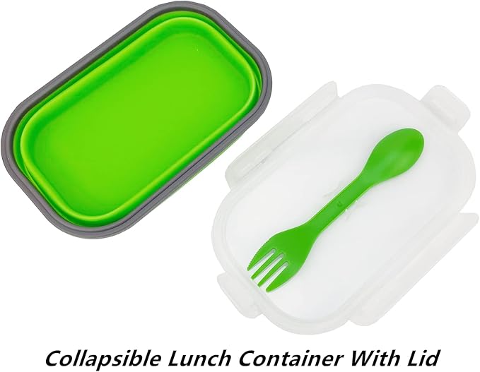 Green Food Grade Silicone Lunch Container Bento Box, Collapsible Food Storage Containers with Airtight Lids and 2in1 Fork, Reusable Food Container for Travel Camping, 1000ml Microwave Container