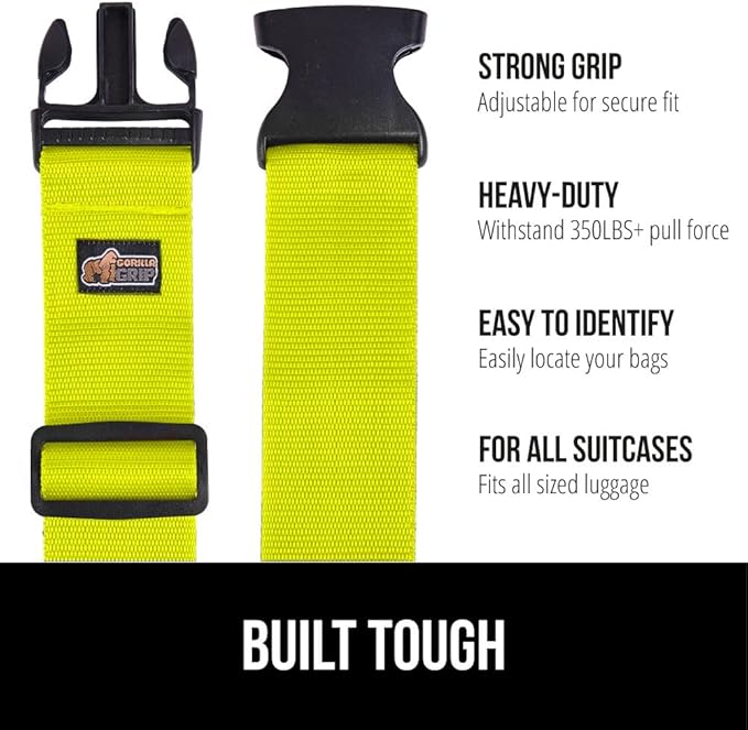 GORILLA GRIP Heavy Duty Adjustable Luggage Straps for Suitcases, Easy to Identify Travel Belt Connector Holds Suitcase Together, Extends Life of Bag, Strap Connects Two Bags, Accessories 2 Pack Yellow