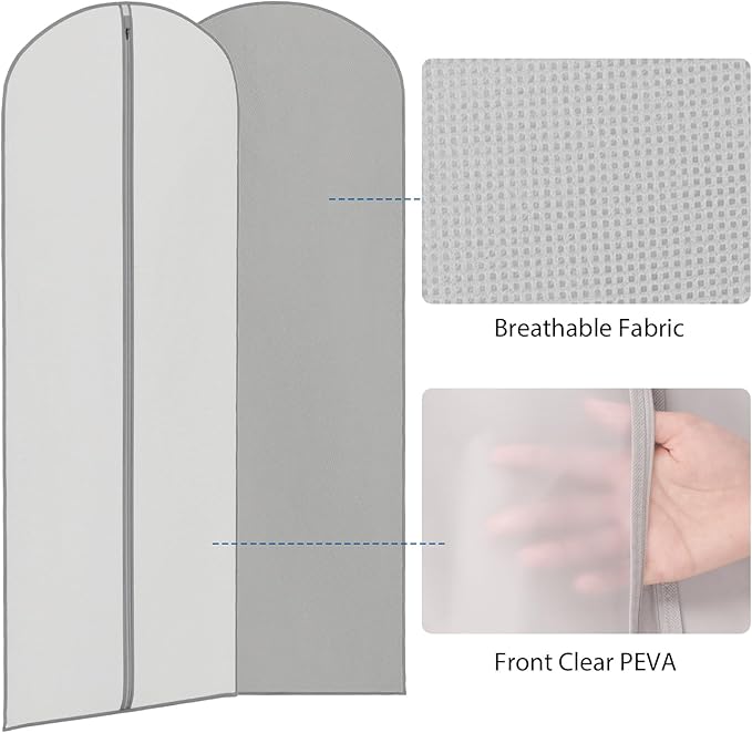Zilink 3 Pack 65" Long Clear Dress Bags for Gowns, Coats, Jackets - Gray, Breathable, Zipper Closure