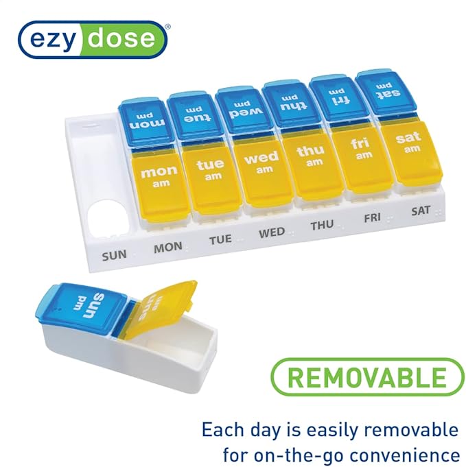 EZY DOSE Weekly AM/PM Pill Organizer, 7-Day Vitamin and Medication Box with Large Pop-Out Compartments, 2 Times a Day Pill Holder for Easy Dosing, Yellow and Blue Lids, Travel-Friendly Design