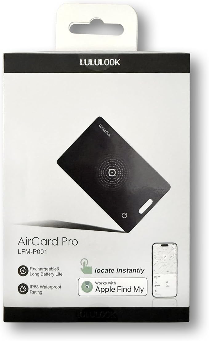 LULULOOK Wallet Tracker Card, Ultra Slim Airtag Wallet Works with Apple Find My (iOS Only), Wireless Rechargeable GPS Smartcard Tracker for Luggage, Tags, Passport, Purse, IP68 Waterproof, 1 Pack