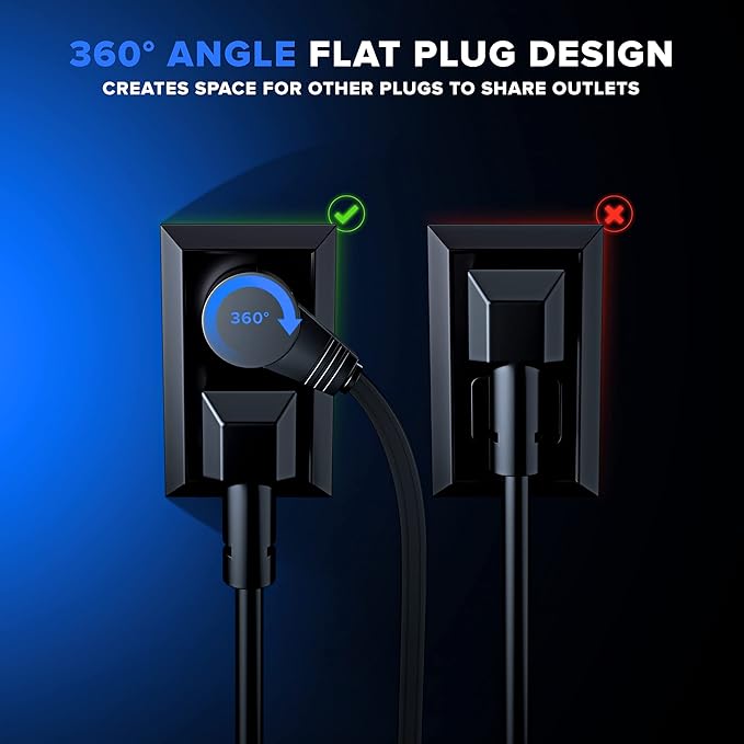 Maximm Cable 1 Ft 360° Rotating Flat Plug Extension Cord/Wire, 16 AWG Multi 3 Outlet Extension Wire, 3 Prong Grounded Wire - Black - UL Certified